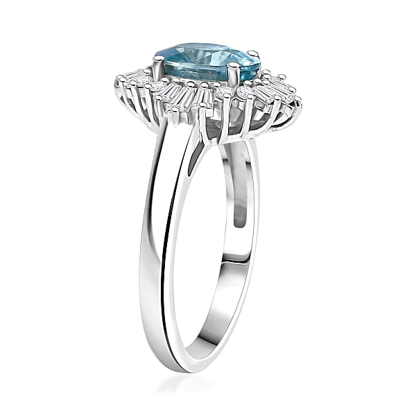 D'Joy Premium Cambodian Blue Zircon And Moissanite 2.60 Ctw Royal Flare Ring In Rhodium Over Sterling Silver