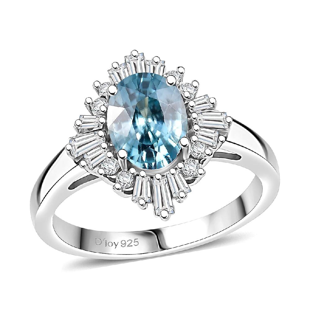 D'Joy Premium Cambodian Blue Zircon and Moissanite 2.60 ctw Royal Flare Ring in Rhodium Over Sterling Silver