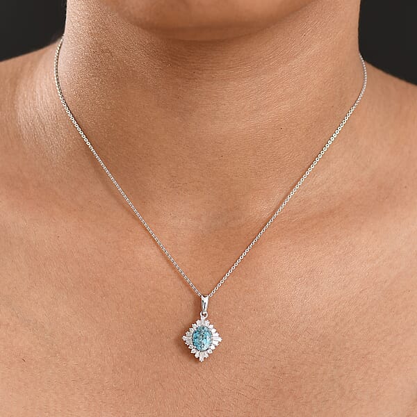D'Joy Premium Cambodian Blue Zircon And Moissanite 2.50 Ctw Royal Flare Pendant Necklace In Rhodium Over Sterling Silver 20 Inches