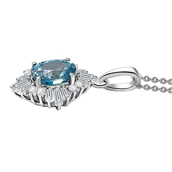 D'Joy Premium Cambodian Blue Zircon And Moissanite 2.50 Ctw Royal Flare Pendant Necklace In Rhodium Over Sterling Silver 20 Inches