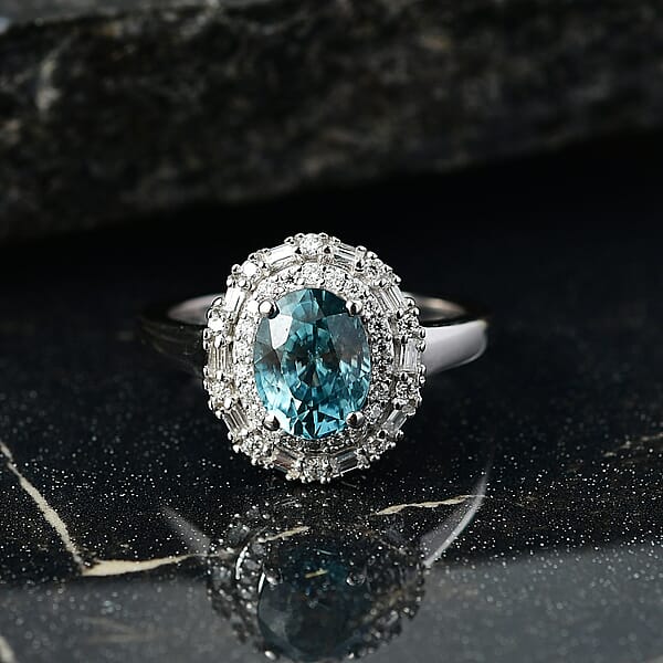 D'Joy Premium Cambodian Blue Zircon And Moissanite 2.90 Ctw Crown Halo Ring In Rhodium Over Sterling Silver
