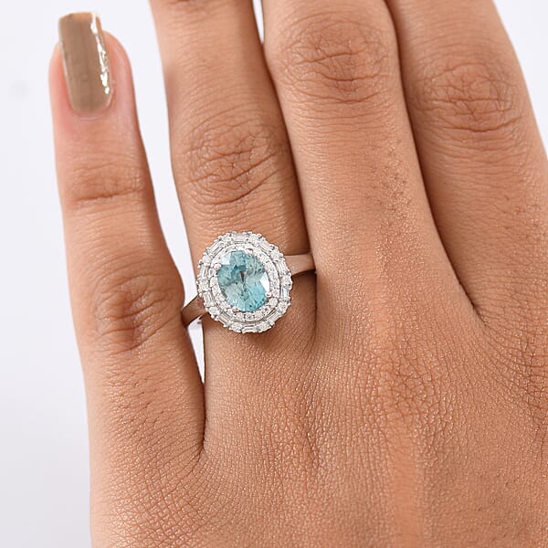 D'Joy Premium Cambodian Blue Zircon And Moissanite 2.90 Ctw Crown Halo Ring In Rhodium Over Sterling Silver