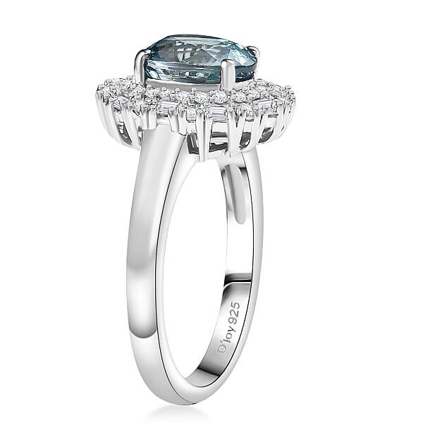 D'Joy Premium Cambodian Blue Zircon And Moissanite 2.90 Ctw Crown Halo Ring In Rhodium Over Sterling Silver