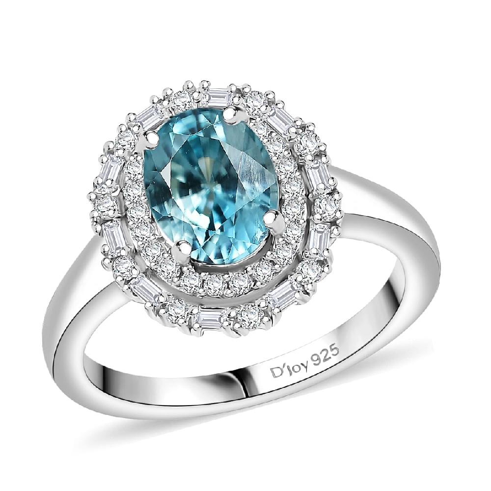 D'Joy Premium Cambodian Blue Zircon and Moissanite 2.90 ctw Crown Halo Ring in Rhodium Over Sterling Silver