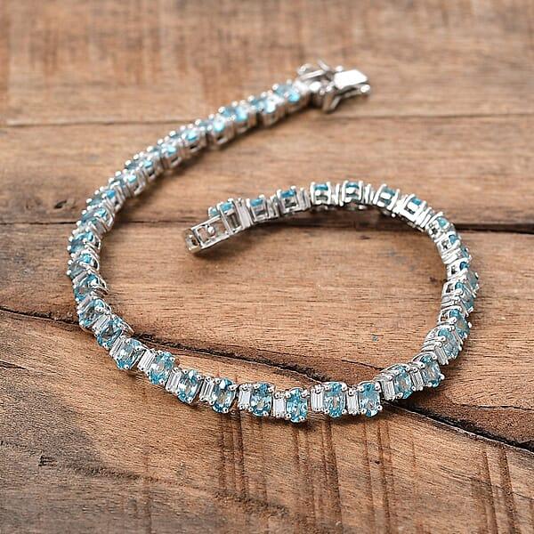 D'Joy Premium Cambodian Blue Zircon And Moissanite 18.25 Ctw Sea Wave Bracelet In Rhodium Over Sterling Silver (8.00 In)