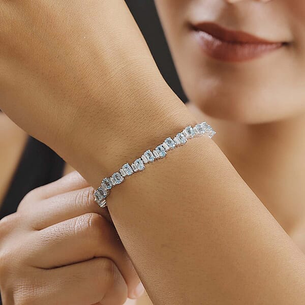 D'Joy Premium Cambodian Blue Zircon And Moissanite 18.25 Ctw Sea Wave Bracelet In Rhodium Over Sterling Silver (8.00 In)