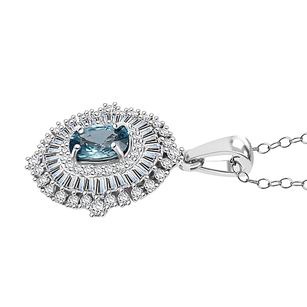 D'Joy Premium Cambodian Blue Zircon And Moissanite 3.50 Ctw Regal Halo Pendant Necklace In Rhodium Over Sterling Silver 20 Inches