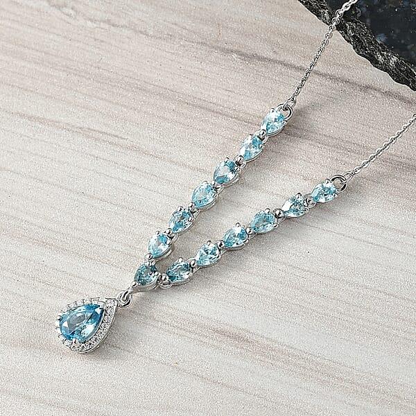 D'Joy Premium Cambodian Blue Zircon And Moissanite 4.50 Ctw Dynasty Drip Necklace In Rhodium Over Sterling Silver 18 Inches