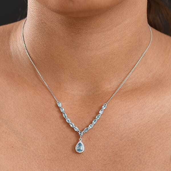 D'Joy Premium Cambodian Blue Zircon And Moissanite 4.50 Ctw Dynasty Drip Necklace In Rhodium Over Sterling Silver 18 Inches