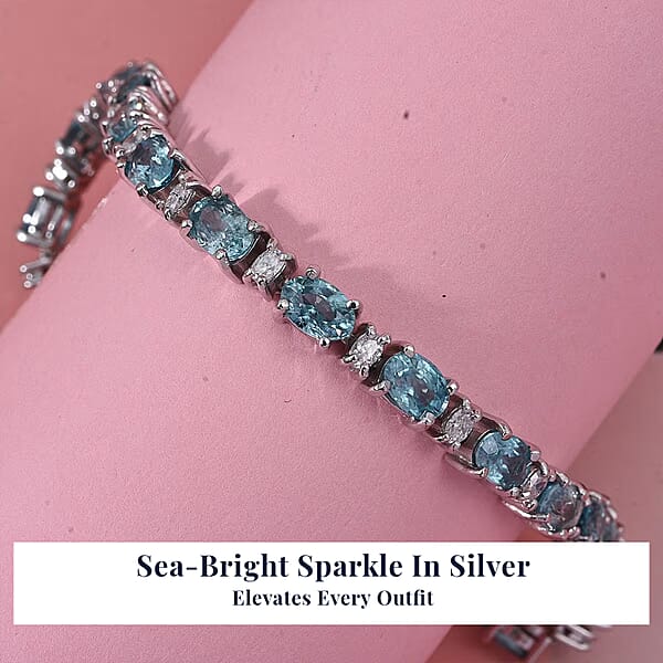 D'Joy Premium Cambodian Blue Zircon And Moissanite 19.10 Ctw Ocean Glow Bracelet In Rhodium Over Sterling Silve (7.25 In) (Del. In 10-12 Days)