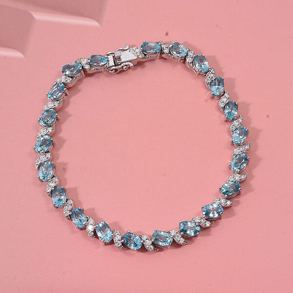D'Joy Premium Cambodian Blue Zircon And Moissanite 15.50 Ctw Whispers In Blue Bracelet In Rhodium Over Sterling Silver (6.50 In)