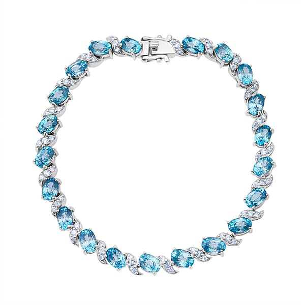 D'Joy Premium Cambodian Blue Zircon And Moissanite 15.50 Ctw Whispers In Blue Bracelet In Rhodium Over Sterling Silver (6.50 In)