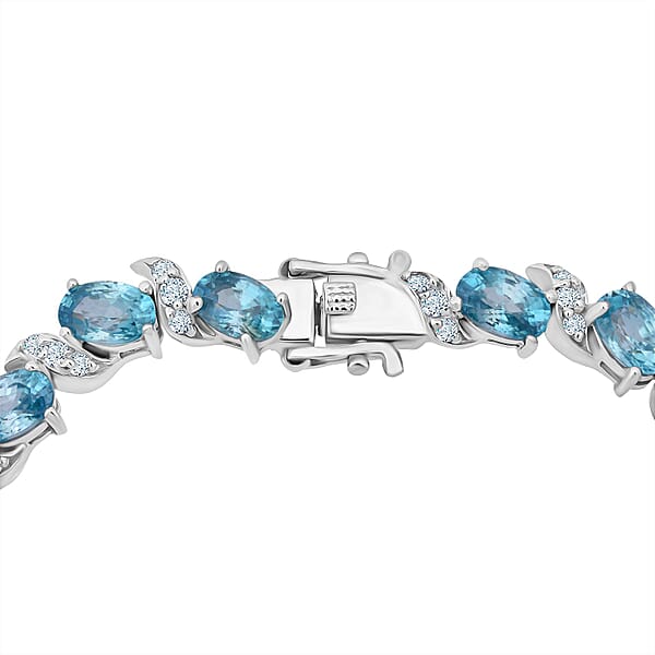 D'Joy Premium Cambodian Blue Zircon And Moissanite 15.50 Ctw Whispers In Blue Bracelet In Rhodium Over Sterling Silver (6.50 In)