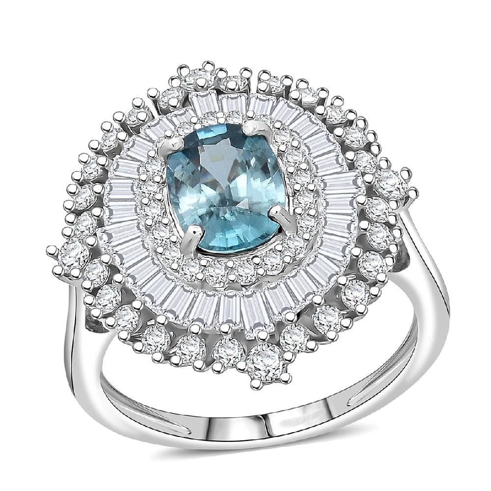D'Joy Premium Cambodian Blue Zircon and Moissanite 3.50 ctw Regal Halo Ring in Rhodium Over Sterling Silver