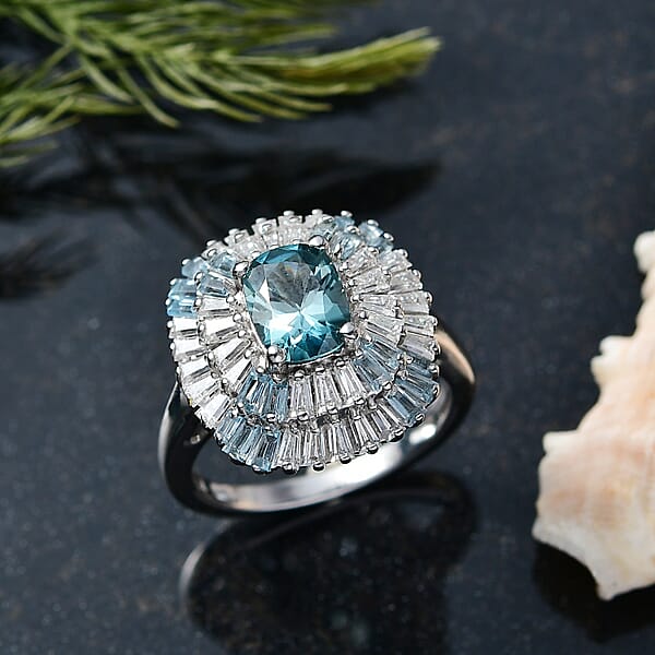 D'Joy Premium Cambodian Blue Zircon And Multi Gemstone 3.80 Ctw Majesty Sunray Ring In Rhodium Over Sterling Silver