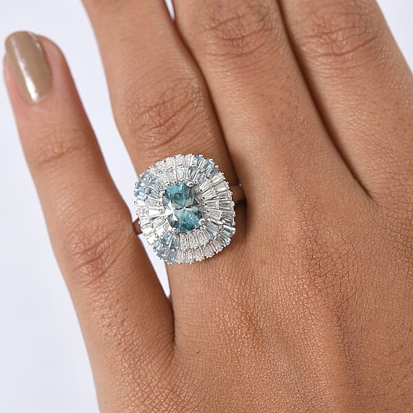 D'Joy Premium Cambodian Blue Zircon And Multi Gemstone 3.80 Ctw Majesty Sunray Ring In Rhodium Over Sterling Silver