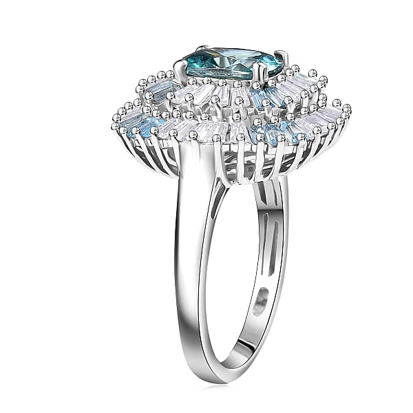 D'Joy Premium Cambodian Blue Zircon And Multi Gemstone 3.80 Ctw Majesty Sunray Ring In Rhodium Over Sterling Silver