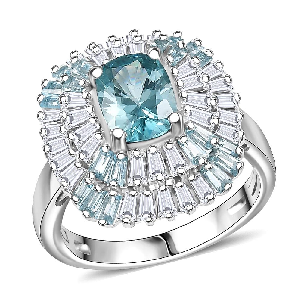 D'Joy Premium Cambodian Blue Zircon and Multi Gemstone 3.80 ctw Majesty Sunray Ring in Rhodium Over Sterling Silver