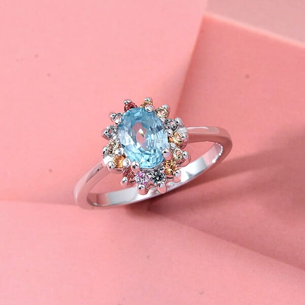 D'Joy Premium Cambodian Blue Zircon And Multi Sapphire 1.50 Ctw Royal Bloom Ring In Rhodium Over Sterling Silver