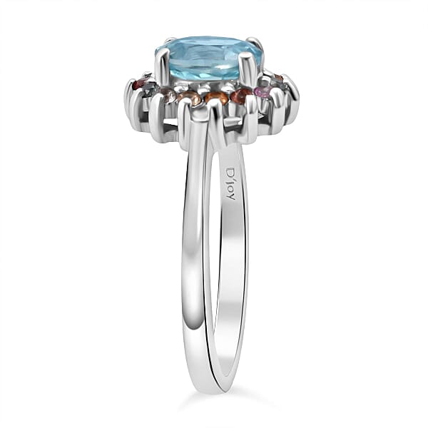 D'Joy Premium Cambodian Blue Zircon And Multi Sapphire 1.50 Ctw Royal Bloom Ring In Rhodium Over Sterling Silver