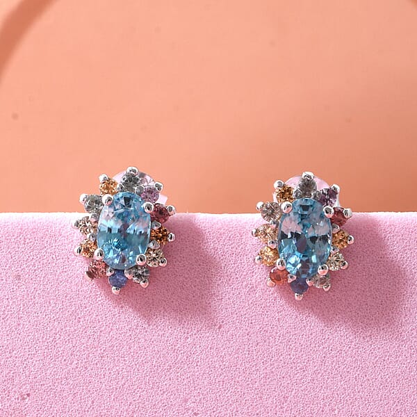 D'Joy Premium Cambodian Blue Zircon And Multi Sapphire 1.85 Ctw Royal Bloom Earrings In Rhodium Over Sterling Silver