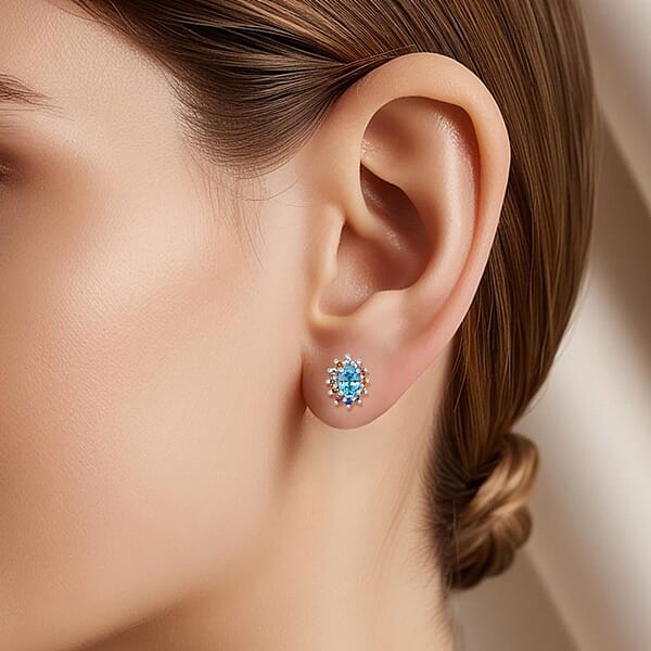 D'Joy Premium Cambodian Blue Zircon And Multi Sapphire 1.85 Ctw Royal Bloom Earrings In Rhodium Over Sterling Silver
