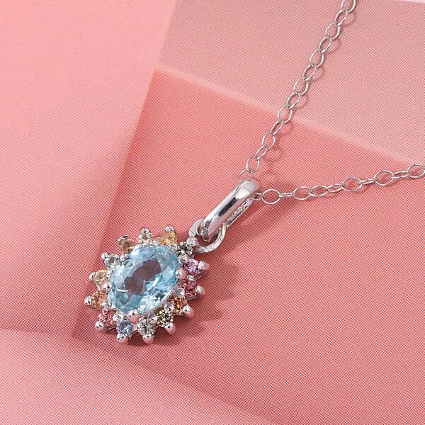 D'Joy Premium Cambodian Blue Zircon And Multi Sapphire 1.50 Ctw Royal Bloom Pendant Necklace In Rhodium Over Sterling Silver 20 Inches