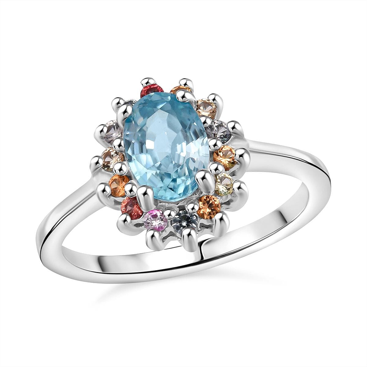 D'Joy Premium Cambodian Blue Zircon and Multi Sapphire 1.50 ctw Royal Bloom Ring in Rhodium Over Sterling Silver