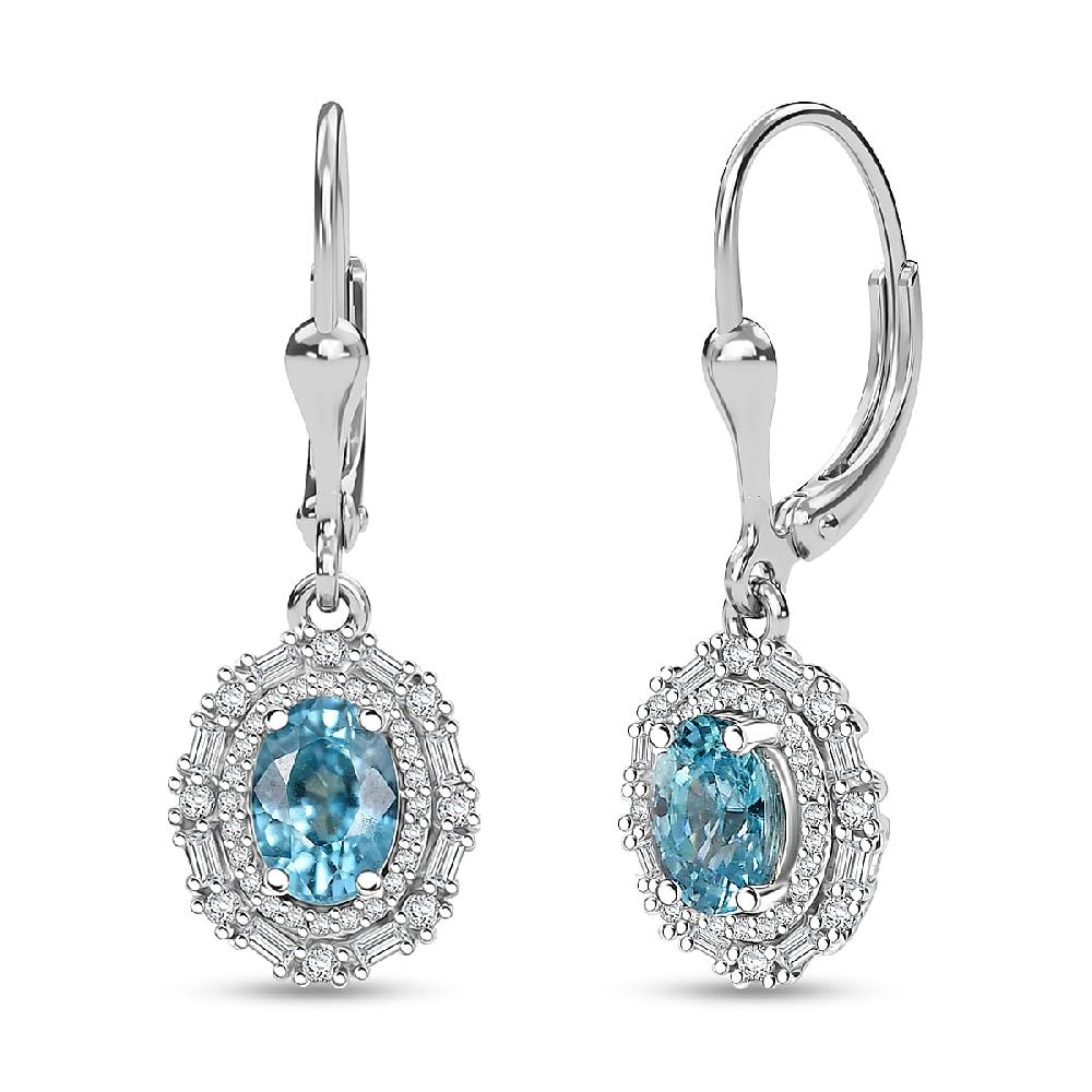 D'Joy Premium Camboidan Blue Zircon and Moissanite 3.25 ctw Crown Halo Earrings in Rhodium Over Sterling Silver