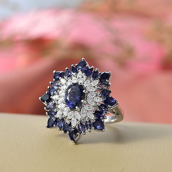 D'Joy Premium Catalina Iolite And Moissanite 3.85 Ctw Regalia Star Ring In Rhodium Over Sterling Silver