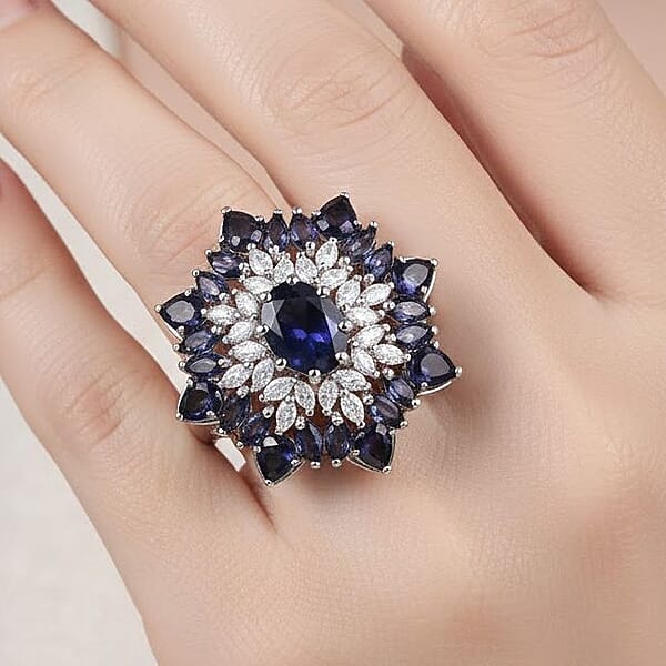 D'Joy Premium Catalina Iolite And Moissanite 3.85 Ctw Regalia Star Ring In Rhodium Over Sterling Silver