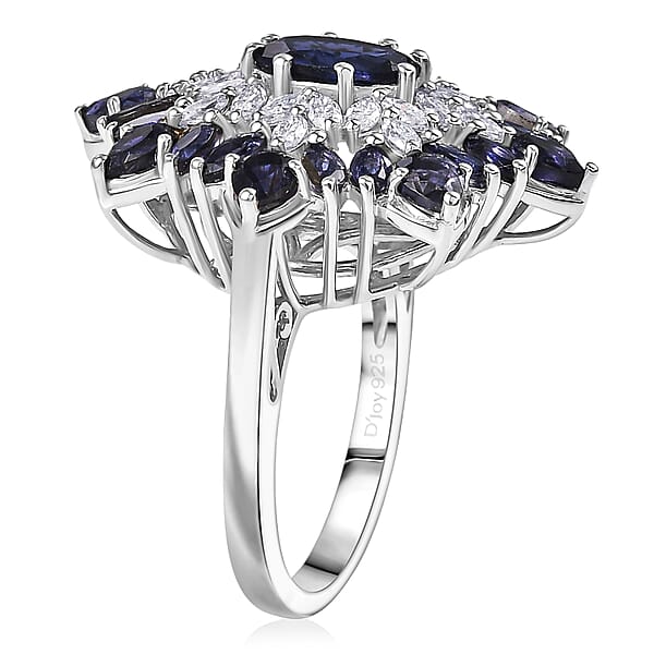 D'Joy Premium Catalina Iolite And Moissanite 3.85 Ctw Regalia Star Ring In Rhodium Over Sterling Silver