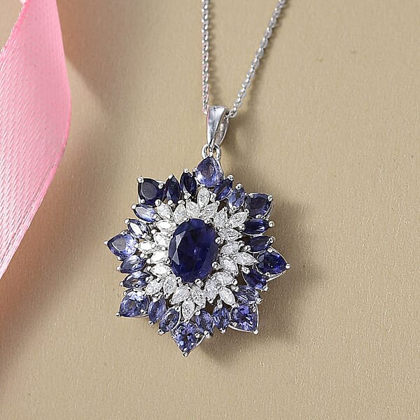 D'Joy Premium Catalina Iolite And Moissanite 3.85 Ctw Regalia Star Pendant Necklace In Rhodium Over Sterling Silver 20 Inches