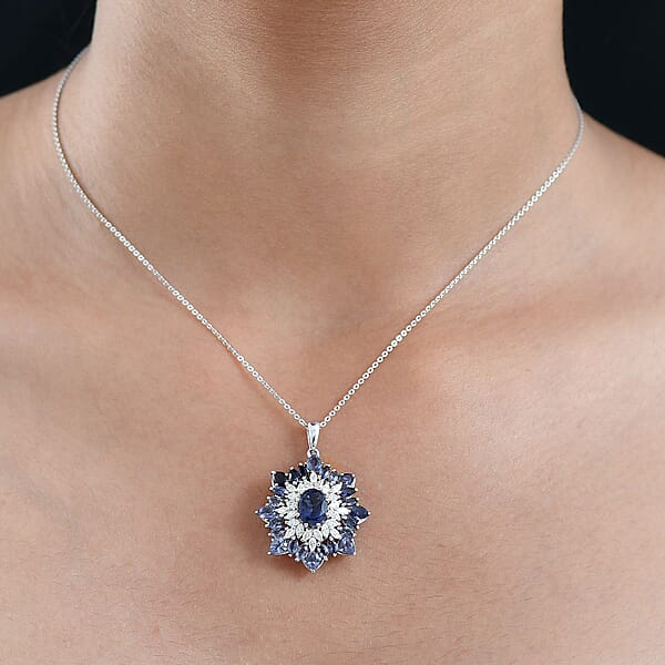 D'Joy Premium Catalina Iolite And Moissanite 3.85 Ctw Regalia Star Pendant Necklace In Rhodium Over Sterling Silver 20 Inches