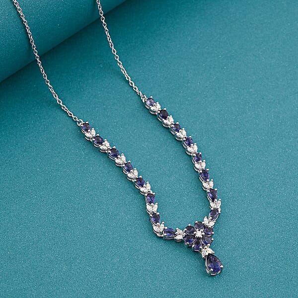 D'Joy Premium Catalina Iolite And Moissanite 4.70 Ctw Royal Serenade Necklace In Rhodium Over Sterling Silver 18 Inches