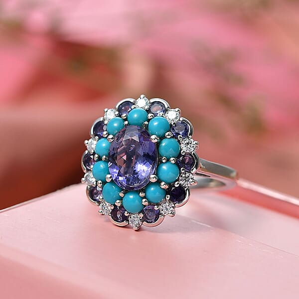 D'Joy Premium Catalina Iolite And Multi Gemstone 3.90 Ctw Dynasty Bloom Ring In Rhodium Over Sterling Silver