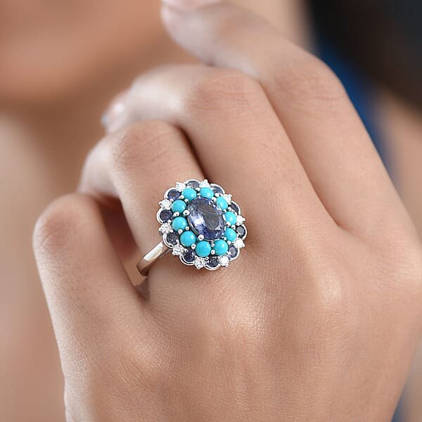 D'Joy Premium Catalina Iolite And Multi Gemstone 3.90 Ctw Dynasty Bloom Ring In Rhodium Over Sterling Silver