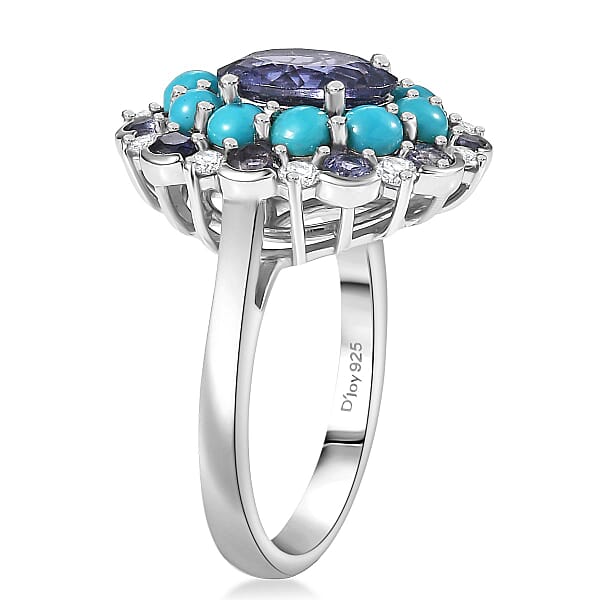 D'Joy Premium Catalina Iolite And Multi Gemstone 3.90 Ctw Dynasty Bloom Ring In Rhodium Over Sterling Silver