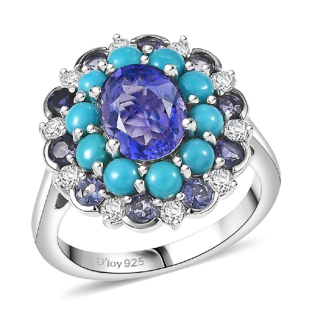 D'Joy Premium Catalina Iolite and Multi Gemstone 3.90 ctw Dynasty Bloom Ring in Rhodium Over Sterling Silver