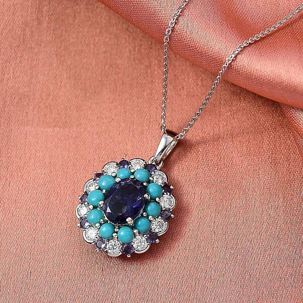 D'Joy Premium Catalina Iolite And Multi Gemstone 4.10 Ctw Dynasty Bloom Pendant Necklace In Rhodium Over Sterling Silver 20 Inches