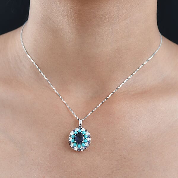 D'Joy Premium Catalina Iolite And Multi Gemstone 4.10 Ctw Dynasty Bloom Pendant Necklace In Rhodium Over Sterling Silver 20 Inches