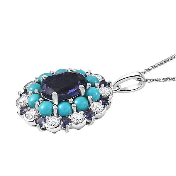 D'Joy Premium Catalina Iolite And Multi Gemstone 4.10 Ctw Dynasty Bloom Pendant Necklace In Rhodium Over Sterling Silver 20 Inches