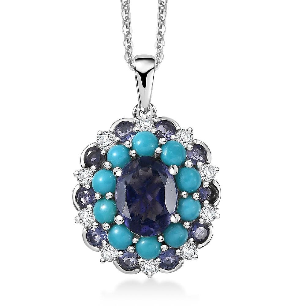 D'Joy Premium Catalina Iolite and Multi Gemstone 4.10 ctw Dynasty Bloom Pendant Necklace in Rhodium Over Sterling Silver 20 Inches