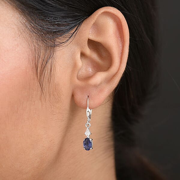 D'Joy Premium Catalina Iolite And White Zircon 1.70 Ctw Crown Legacy Earrings In Rhodium Over Sterling Silver