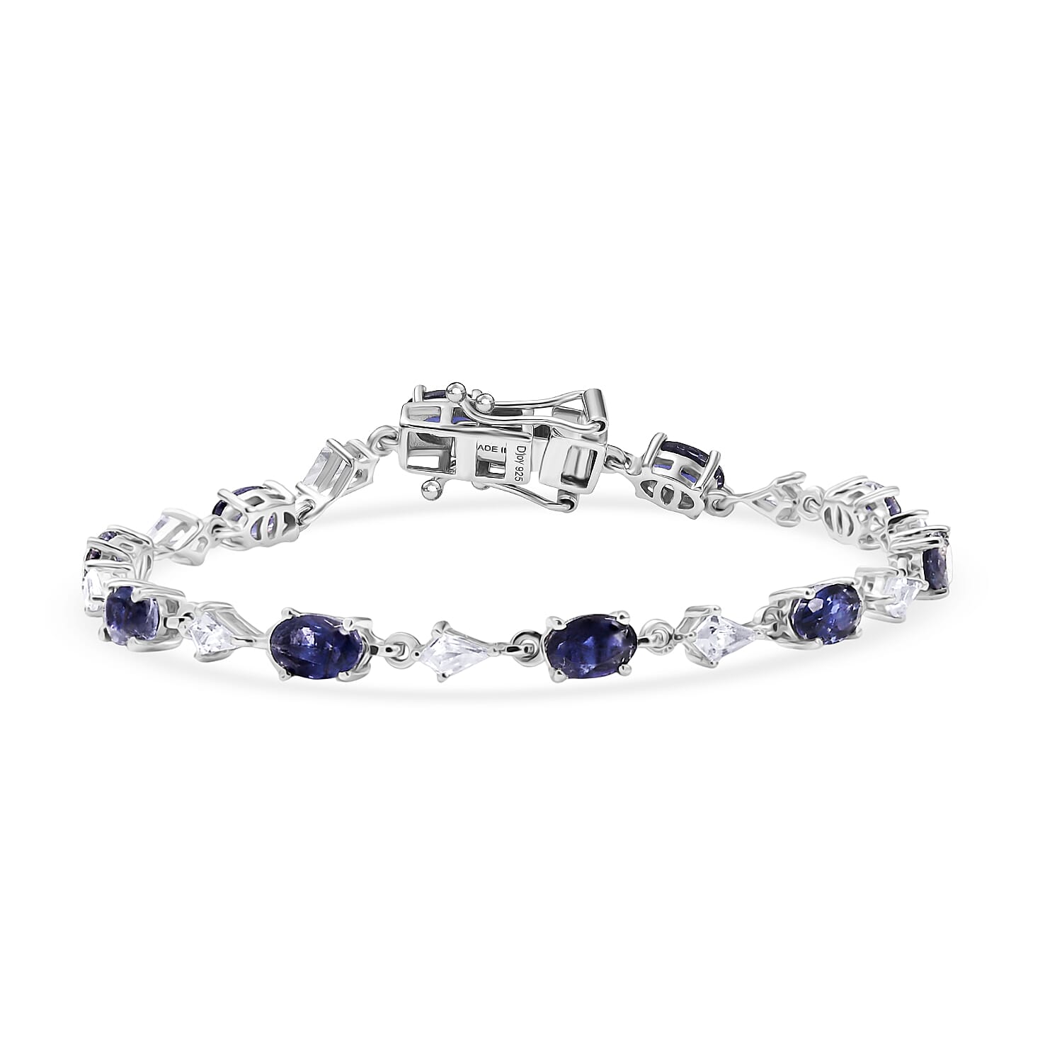 D'Joy Premium Catalina Iolite and White Zircon 5.60 ctw Crown Legacy Bracelet in Rhodium Over Sterling Silver (6.50 In)