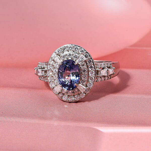 D'Joy Premium Ceylon Blue Sapphire And Moissanite 1.60 Ctw Celestial Halo Ring In Rhodium Over Sterling Silver