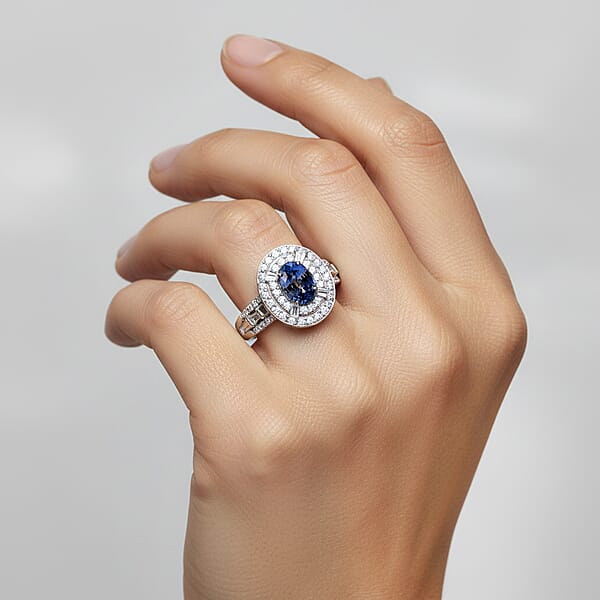 D'Joy Premium Ceylon Blue Sapphire And Moissanite 1.60 Ctw Celestial Halo Ring In Rhodium Over Sterling Silver