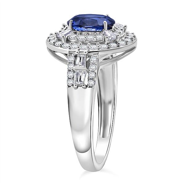 D'Joy Premium Ceylon Blue Sapphire And Moissanite 1.60 Ctw Celestial Halo Ring In Rhodium Over Sterling Silver
