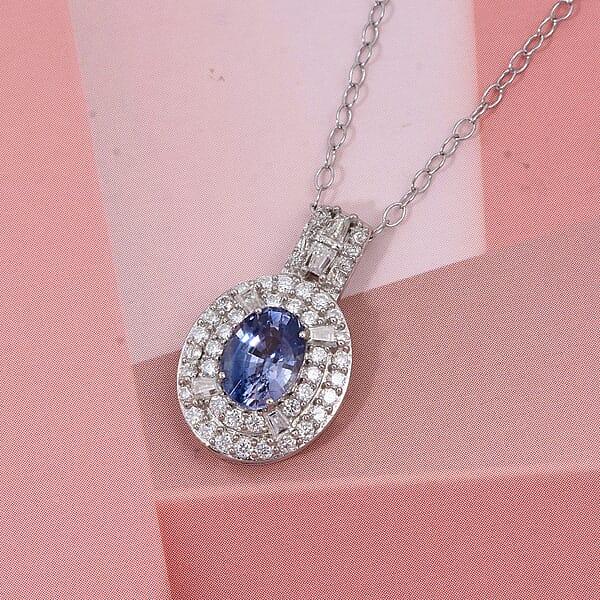D'Joy Premium Ceylon Blue Sapphire And Moissanite 1.50 Ctw Celestial Halo Pendant Necklace In Rhodium Over Sterling Silver 20 Inches