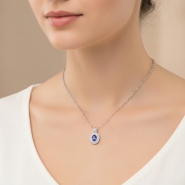 D'Joy Premium Ceylon Blue Sapphire And Moissanite 1.50 Ctw Celestial Halo Pendant Necklace In Rhodium Over Sterling Silver 20 Inches